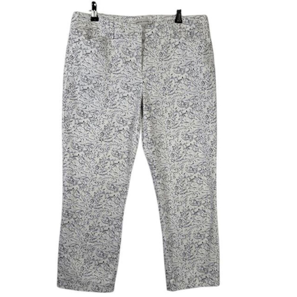 Adrienne Vittadini White and Navy Print‎ Cropped Trousers Stretch Size 6
